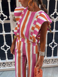 Zingj Women Colorful Striped O Neck Flying Sleeves Cropped Top Suit Fashion High Waisted Pockets Pants Set Elegant Lady Commute Outfit 211-0-Outfit