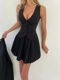 Solid V-neck Vest And Pleated Mini Skirt Set-Outfit