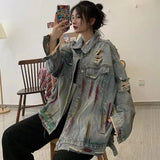 Autumn Women Streetwear Harajuku Retro Grunge Ripped Denim Jacket Oversize Female Jean Coat Gothic Outerwear Alt