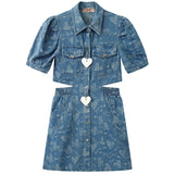 Clothing Denim Dress Polo Collar Button Puff Short Sleeve Dew Waist Casual Fashion High Waist Short Skirt Ladies