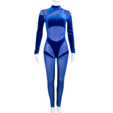 Sexy Blue Velvet Mesh Patchwork Skinny Long Pant Jumpsuit Women Sheer Rompers Clubwear Overalls Birthday