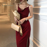 2022 Summer Vintage Women Satin Slip Dress Spaghetti Strap Side Slit Black Burgundy Silk Sexy Long Party