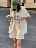 Sets Women Summer Simple Notched Short Sleeve Street Office Trendy Korean Style High Waist Baggy Cozy Female Two