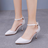 Lace Flower Wedding Shoes One-Word Wristband Bridal Shoes Fine Heel Sharp Wedding Shoes Women Sandals Car Show