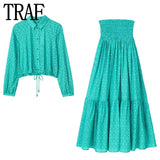 Print Long Skirts For Women Fashion 2023 High Waist Ruffle Skirt Sets Summer Beach Skirt Woman Ruched Women's