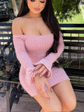 Pink Bodycon Knitted Off Shoulder Mini Dress- Outfit