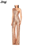 Women Elegant Long Jumpsuits Slanted Collar Party 2023 Sexy Glitter Sequin Club Playsuits Fashion Backless Solid