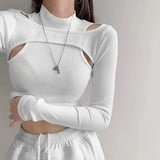 Knitted Crop Tops Women New Fitness Fake Two-piece T-shirt Female Black White Long Sleeve