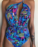 Sexy Women Swimwear One Piece Swimsuit Female Bather Printed Bathing Suit Swim Long Strap Wrap Around Lady