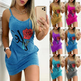 New Spaghetti Straps O Neck Women's Sleevele Mini Dress 2021 Casual Plus Size Bodycon Pocket Rose Print Lady Dress