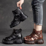 New Fish Mouth Roman Sandals With Thick Soles Raised Open Toe Cool Boots Women's Retro High Top Hollowed-Out Muffin Sandals