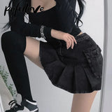 Mini Skirt Goth Denim Pleated Skirts with Big Pockets Women Girl Summer Punk Y2K Black Faldas High Waist Korean