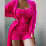 Women Solid Suits 2022 Spring Fleece Homewear 3pcs Set Sexy Drawstring Vest + Elastic Waist Shorts + Cardigan Pocket