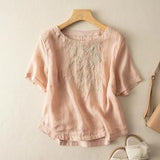Cotton T-Shirt Women's Summer Size 2025 New Mother Loose Rib Linen Short-Sleeved