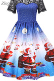 Women's Christmas Dress Short Sleeve Lace Santa Claus Print High Waist Elegant Vintage Winter Xmas Party