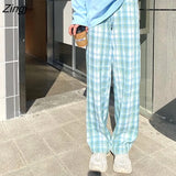 Pants Women Cute Japanese Sweet Lovely Kawaii High-waist Pink Elastic Straight Plaid Ins Loose Spring Autumn