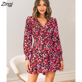 Heart Printing V-neck Long Sleeve Mini Dress For Women Sexy Wrap Tie Party A-line Dress 2023 Summer