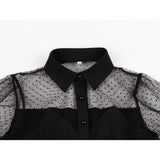 Women Shirt Short Sleeve Lapel Collar Black Buttons Mesh Fabric Patchwork Blouse Party Elegant Ladies Tops Camisas