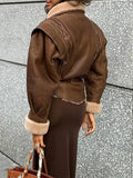 2024 Suede Suede Jacket Lace-Up Jacket Fashion Vintage Female Autumn And Winter Short Warm Coat-Outfit