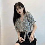 Women Ins Floral Summer Trendy Sexy Femme Crop Top Lace-up All-match Daily Soft Womens Shirts Puff-sleeve Vintage