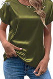 Lady Short Sleeve Satin Blouse Loose Casual Round Neck Solid Shirts Fashion 2023 Summer Elegant Tops Women Clothing