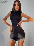 Fashion Elegant Senior Party Solid Slim Mini Bodycon Dress Women Shiny Tassel Diamond Dresses Female French