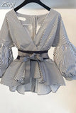 2023 Fashion Women Tops Blouses Vintage Long Lantern Sleeve Shirts Autumn OL with Belt Striped V-neck Elegant
