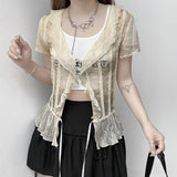 Mesh Transparent Short Sleeve T-shirt Ladies Summer See Through V Neck Ruffles Tee Shirt Women Drawstring T