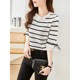 Photo Ice Silk T-Shirt Women's New Spring And Summer Sweater Seven Minute Sleeve Versatile Short Sleeve Loose Stripe