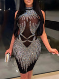 see through rhinestone bodycon summer dress women Glitter mini club birthday party dress womens evening dresses