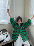 Spring 2022 Green Striped Oversized Shirt For Women Fashion Long Sleeve Top Button Up Cotton Grey Shirt Korean