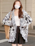 Women Sweater Black White Tassels Patchwork Cardigan Tops Autumn 2023 New Loose Full Sleeve V-Neck Vintage Knitwear