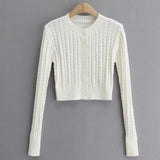 Winter Solid Color Crew Neck Knitted Sweater For Women Korean Slim Long Sleeve Top Twist Detail Cardigan Sweater