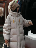 Korean Version Of Big Quilt Down Jacket Female Long Style 2024 Winter New Thickened Ribbon Hood Extremely Cold Warm Coat Plus Size-Outfit