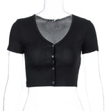 Sexy Women Button Knitted Short Sleeve Korean Style Ribbed Summer Crop Top clothes tshirt shirt vintage t-shirt