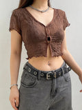 Wave Mesh Crop Top y2k Brown Pin Up T Shirt V Neck Trim Short Sleeve Cardigans Women Retro Cute Chic Tee Korean
