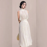 Sexy Design Fashion Summer Chiffon Two Piece Set Women Stand Collar Elegant Sleeveles Shirts + High Waist Pleated Skirt