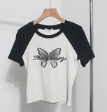 Retro Printed Short-Sleeved T-Shirt Women's Short-Coln High-Waisted Body Shirt