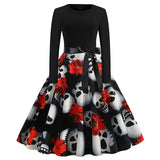 Women Pumpkin Print Party Dress Black Streetwear Gothic Long Sleeve O Neck Vintage Casual Robe Femme Halloween