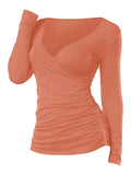 Zingj Women Black Ruched Plunging Long Sleeve T Shirt Autumn Spring V Neck Casual Solid Female Tops Tees 3XL 1215-0-Outfit
