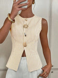 New Women's Single-Drace Vest Coat Elegant Striped Round-Neck Button Vest