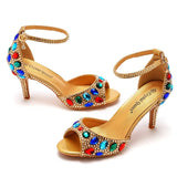 Cm Fish Mouth High Heel Sandals Shallow Mouth With Large-Size Round-Head High Heels Golden Water Drill Fine