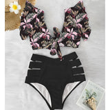 Ruffled Hem Bikini Set Women Flora V-Neck High-Waisted Two Piece Swimsuit 2021 Girl Beach Bathing Suit Swimwear