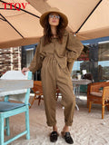 Casual Brown Two Piece Sets Womens Outifits Fashion Loose Lapel Shirt And Autumn Elastic Waist Button Trousers Female