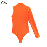 Women Fashion Single Shoulder Orange Color Asymmetrical Knitting Bodysuits Ladies Slim Playsuits Mujer Rompers