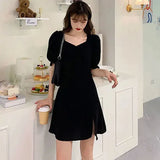 Women Black Retro Plus Size 4XL Elegant Friends Side Slit Temperament Minimalist Shirring Summer 2021 Daily Chic