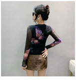 S-3XL Women O Neck Printed Mesh Tees TShirts Lady Stretchy Tops Spring Summer Fairy T-shirts For