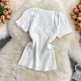 Zingj Spice Sister Wind Short T Shirt Short Sleeve Design Sense Small Square Collar Machine Dew Collarbone Crop Sweater Jacket
