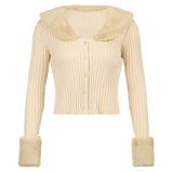 Autumn Thin Furry Knitted Cardigan Sweater Women Vintage Elegant Chic Jumper Ladies Fashion Patchwork Knitwear