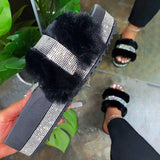 Thick Bottom Water Drill Fur Slippers Women's Autumn New Flat Bottom One-Word Drag Large Size Women's